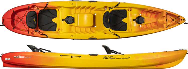 Ocean Kayak Malibu Two XL tandem sit-on-top kayak, top-down and side views