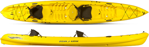 Ocean Kayak Zest Two Expedition tandem sit-on-top kayak, top-down and side views