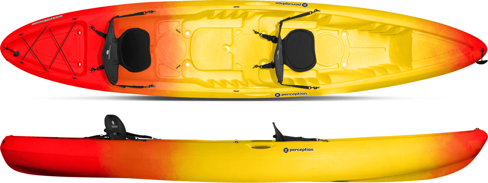 Perception Rambler 13.5 T tandem sit-on-top kayak, top-down and side views